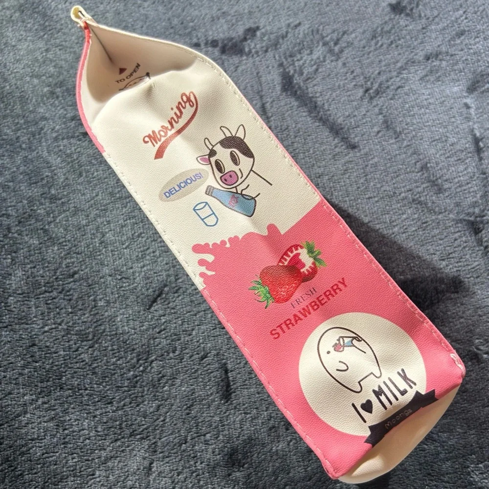 Kawaii Strawberry Milk Carton Pencil Case Cute Makeup Bag